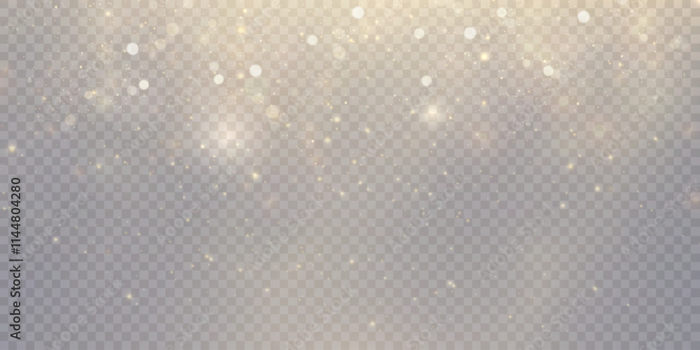 Aufkleber Golden bright dust of light bokeh and glitter. Festive glowing bokeh and sparkles overlay texture for your design on transparent background. Golden particles abstract vector background.	