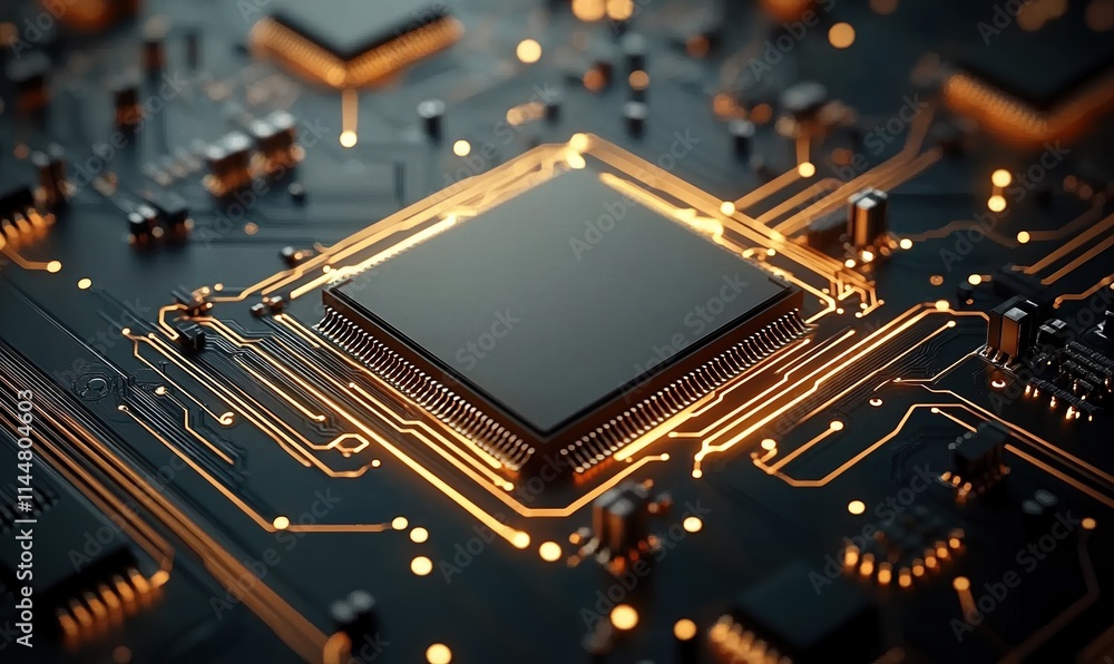 Poster close-up view of glowing microchip on circuit board highlighting digital innovation and advanced tec