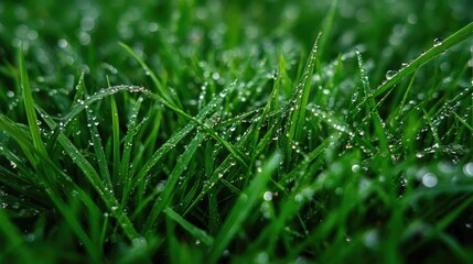 Vibrant spring grass adorned with glistening dew droplets creates a fresh and serene atmosphere, perfect for capturing the essence of spring. High-quality photo with ample copy space.