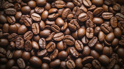 Fototapeta premium Rich brown coffee beans create a textured background, perfect for highlighting the beauty of coffee beans. The rich brown coffee beans add warmth and depth with ample copy space.