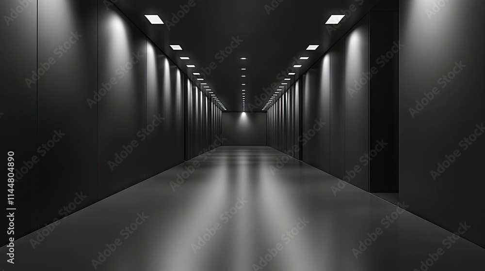 Wall mural Sleek monochrome gallery exuding style with spotlights illuminating the walls. This sleek monochrome gallery creates an elegant atmosphere perfect for showcasing art. Ample copy space included.