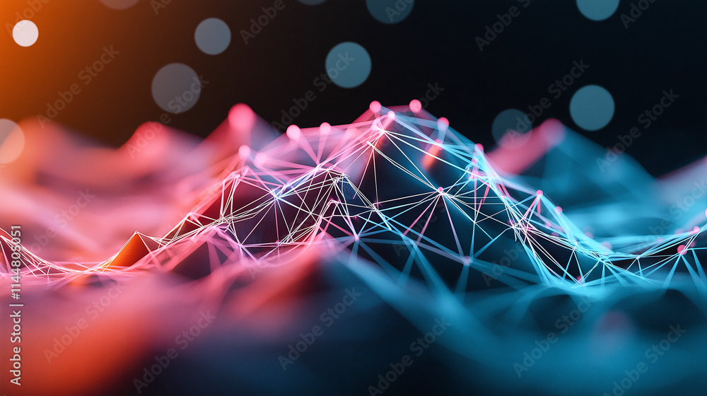 Poster abstract representation of interconnected lines and nodes, showcasing vibrant network of colors. thi