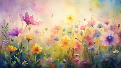 Obraz premium Watercolor wildflower meadow background, scattered colorful wildflowers in a vibrant field, artistic concept
