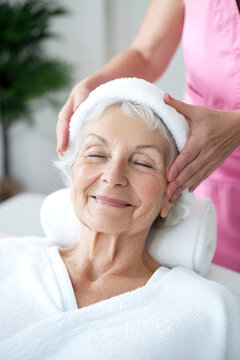 Senior woman enjoying a relaxing facial massage in a spa setting.