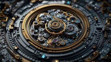 Intricate gold and silver clockwork mechanism.
