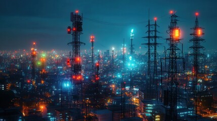 Fototapeta premium Night cityscape with illuminated communication towers.