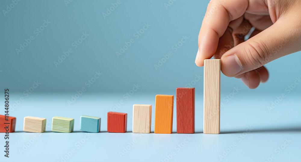 Poster building blocks arranged in growth pattern, showcasing progress and development. hand places wooden 