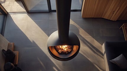 Overhead perspective of a stand-alone fireplace within a contemporary interior. The design and decor elements highlight the stand-alone fireplaces unique appeal, with ample copy space.