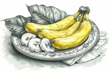 Fresh bananas and apples arranged on a decorative plate with green leaves, showcasing vibrant colors and textures.