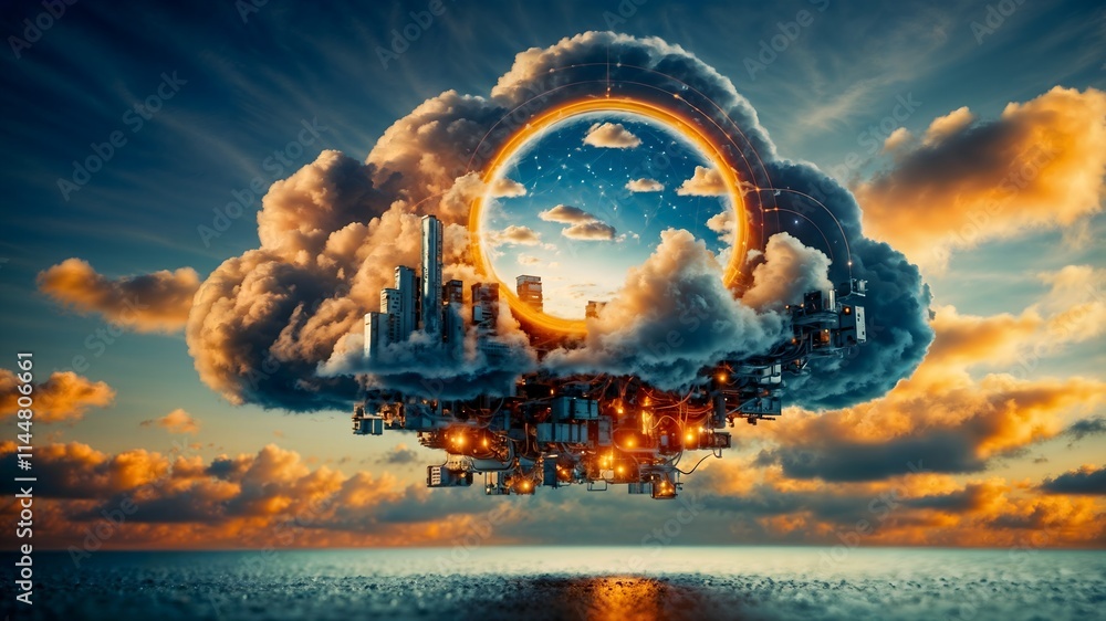 Poster floating digital cloud with integrated futuristic architecture, representing advanced cloud computin