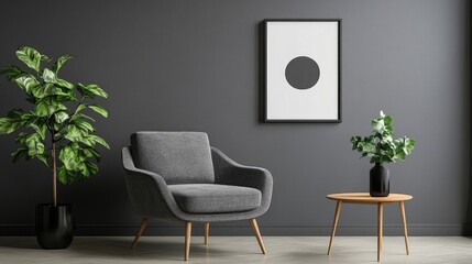 Stylish gray modern room with an armchair and a framed poster. The gray modern room design offers a blend of comfort and contemporary style, perfect for any setup.