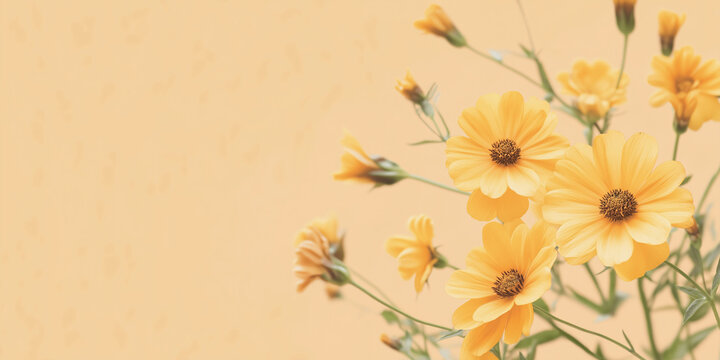 Vibrant soft yellow flowers in full bloom stand out against a light pastel background, capturing the essence of spring and the renewal of life and growth.