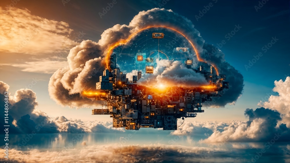 Poster luminous digital data cloud featuring futuristic city structures, glowing network nodes and cloud co