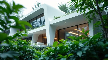 Fototapeta premium Extreme Macro of a Futuristic Eco-House with Lush Green Foliage and Advanced Architecture.