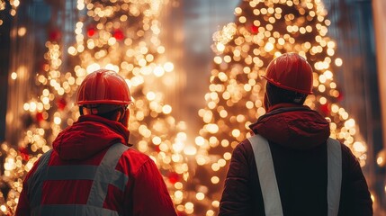 two construction workers are standing on christmas decoration construction