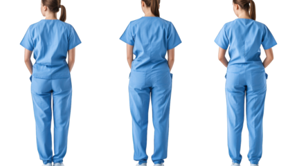 Three views of a woman in blue medical scrubs