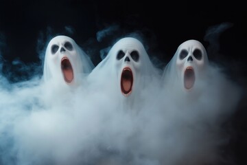 Three ghosts are standing in a misty, foggy atmosphere. They are all white and have their mouths open, making eerie sounds. The scene gives off a spooky and mysterious vibe