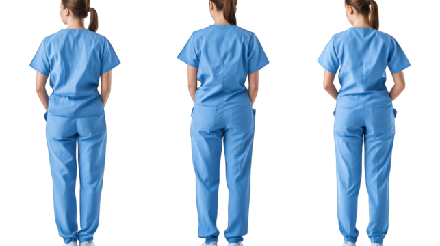 Three views of a woman in blue medical scrubs - Powered by Adobe