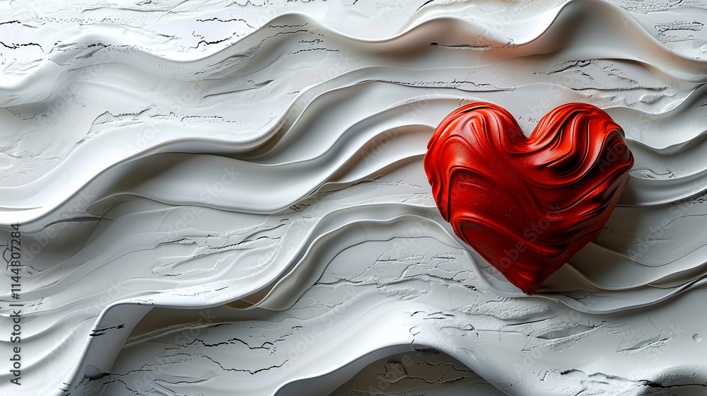 Poster heart sculpture amidst dynamic waves of texture and color in a creative display