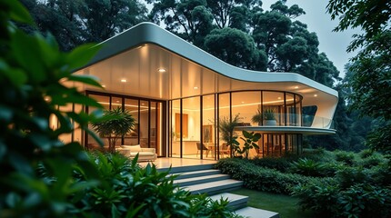 Extreme Macro of a Futuristic Eco-House with Lush Green Foliage and Advanced Architecture.