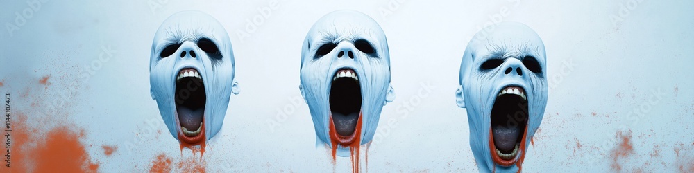 Poster three faces with red paint on them and mouths open. the faces are in a row and the background is whi
