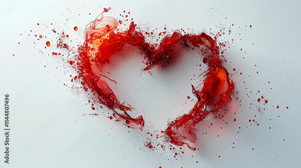 Poster bright red abstract heart shape created with splashes of paint and vivid strokes