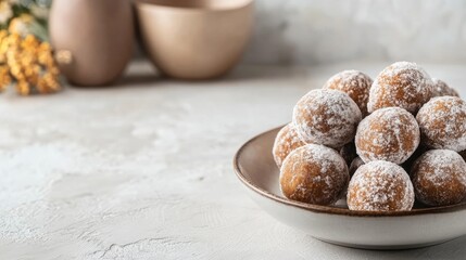 Fototapeta premium Delicious homemade rum balls crafted from ground biscuits, offering a sweet treat perfect for any dessert table. These rum balls highlight a delightful combination of flavors with ample copy space.