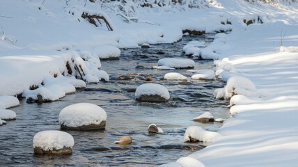 Obraz premium A small stream flowing through a snowy landscape. The banks of the stream are covered with snow, and several snow-covered rocks are visible in the water. The surrounding area is also covered with snow