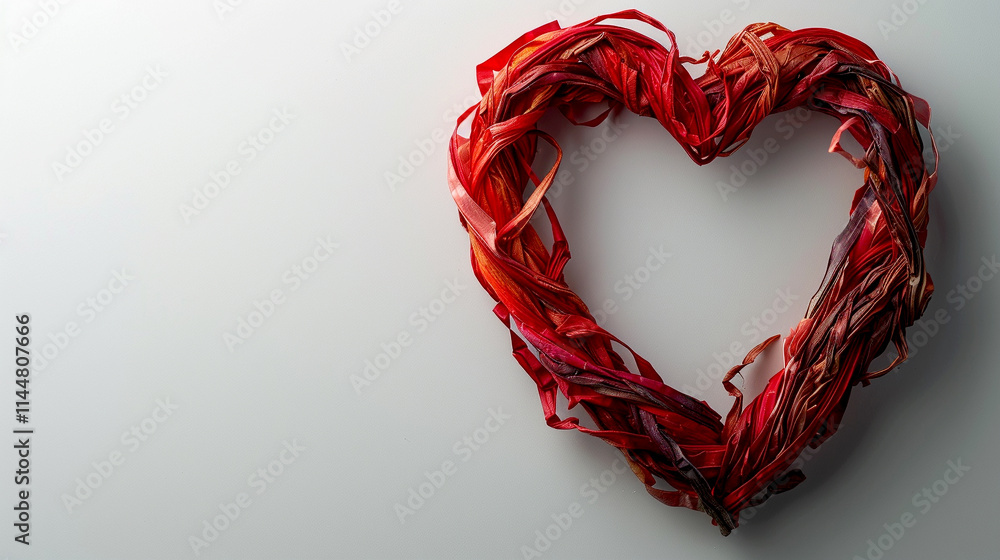Poster a heart crafted from colorful ribbons symbolizes affection in a simple setting