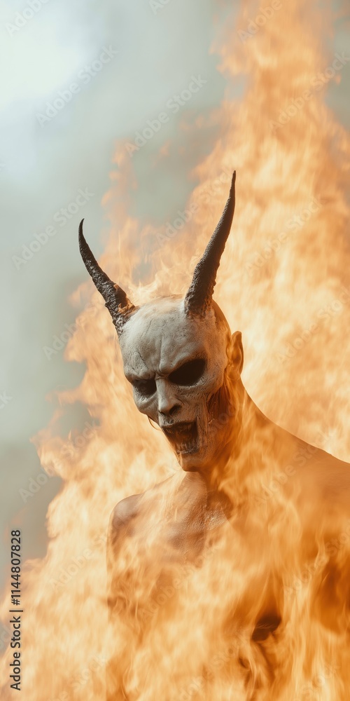 Poster a man with horns and a skull on his face is surrounded by fire. the image has a dark and ominous moo