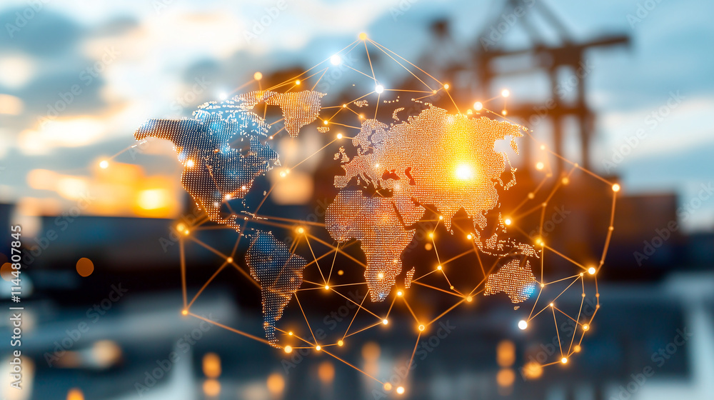 Poster digital world map with glowing connections over container yard, showcasing global trade and logistic