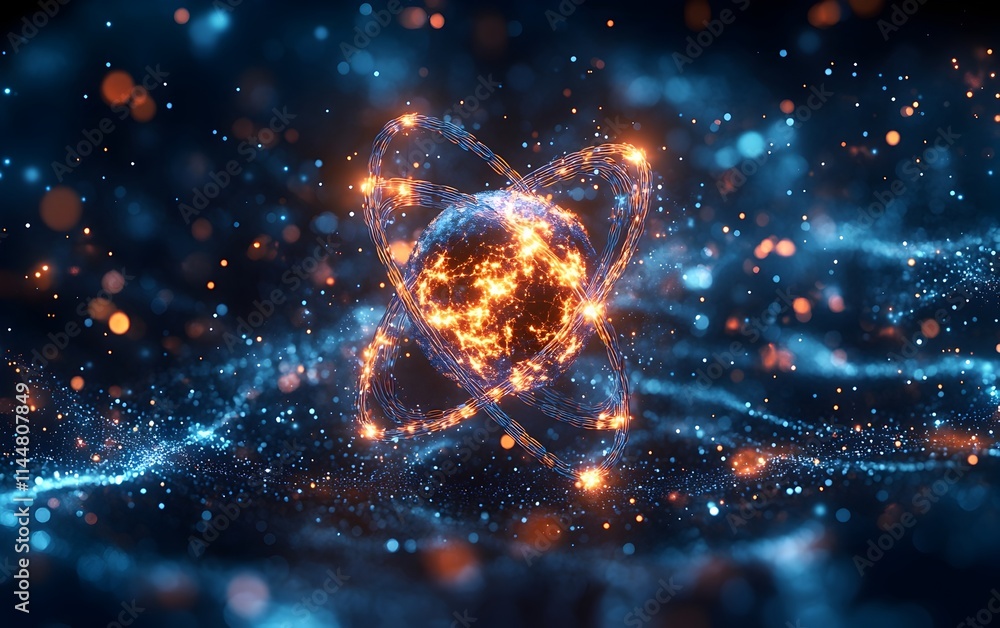 Poster detailed cross section visualization of technetium atom s intricate subatomic structure showcasing t