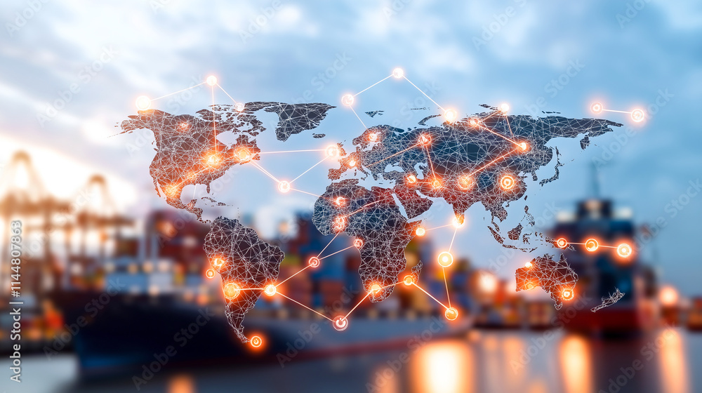 Poster digital world map overlay on container yard, showcasing global connectivity and trade. image capture