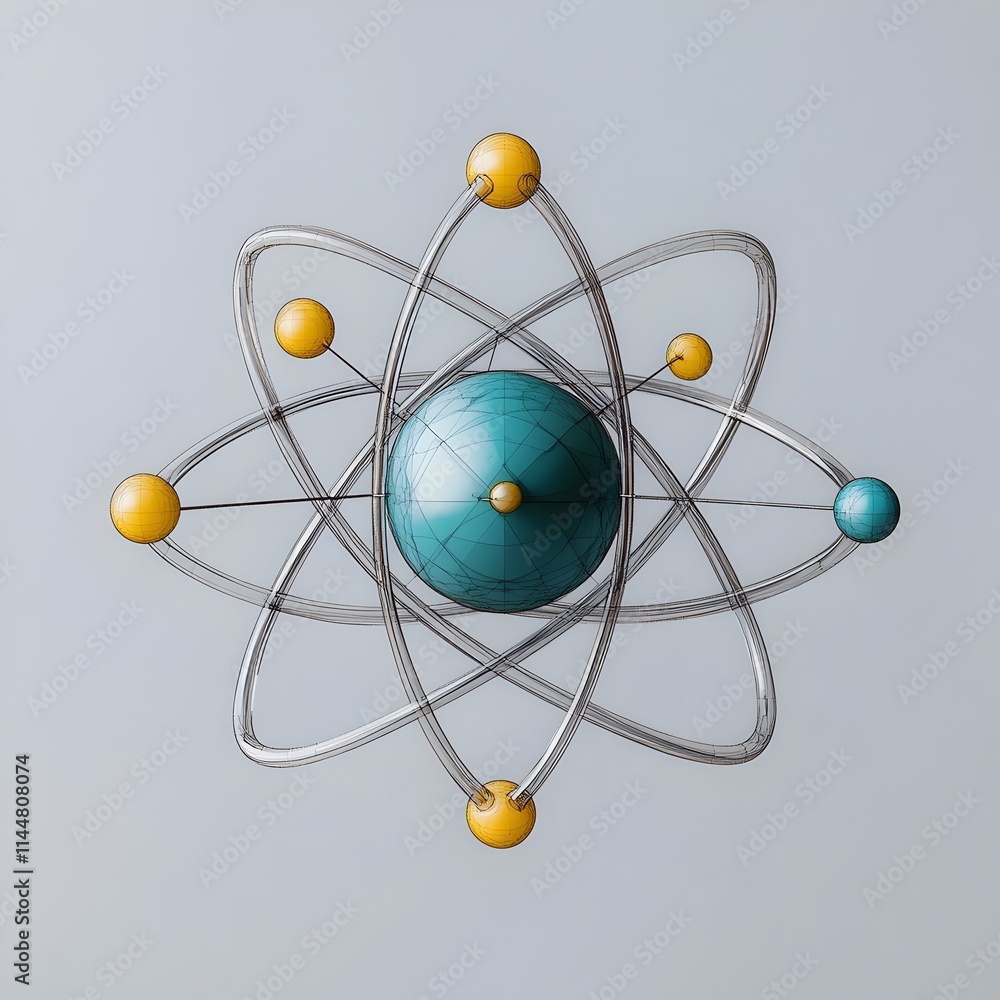 Poster cutaway 3d diagram of a technetium atom demonstrating its electron and various radiological uses in 