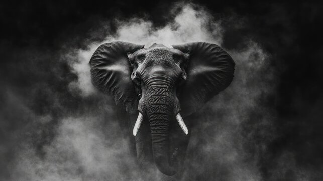 Majestic elephant portrait in smoky black and white.