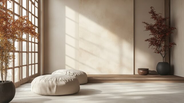 Japanese interior design composition with wabi sabi minimalist decor in warm colors. Oriental inspired interiors in neutral colors with copyspace.