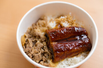 Japanese beef on rice bowl with grill eel