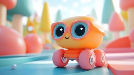 Fototapeta premium Cute orange robot with glasses on wheels in pastel landscape.