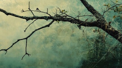 A tree branch with spider webs and a check mark symbol creates an intriguing visual. This image presents a unique perspective with a slightly greenish hue and ample copy space.
