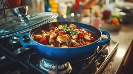 Blue horizontal plate filled with fish stew perched on a gas stove, complete with a glass lid. This modern kitchen setting embodies the essence of regional cuisine, offering ample photo space.