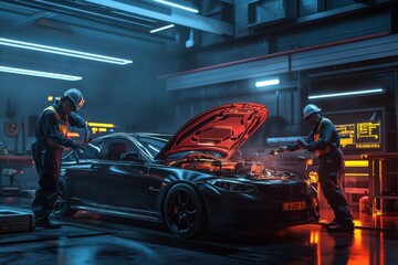 Workers repair a high-performance car in a modern workshop under neon lights
