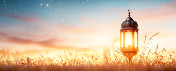 beautiful lantern glowing at sunset, surrounded by tall grass and starry sky, creating serene atmosphere perfect for reflection and peace