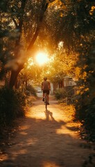 Golden Hour Bike Ride Serene Cyclist Enjoys a Tranquil Evening on a Sun-Dappled Path.