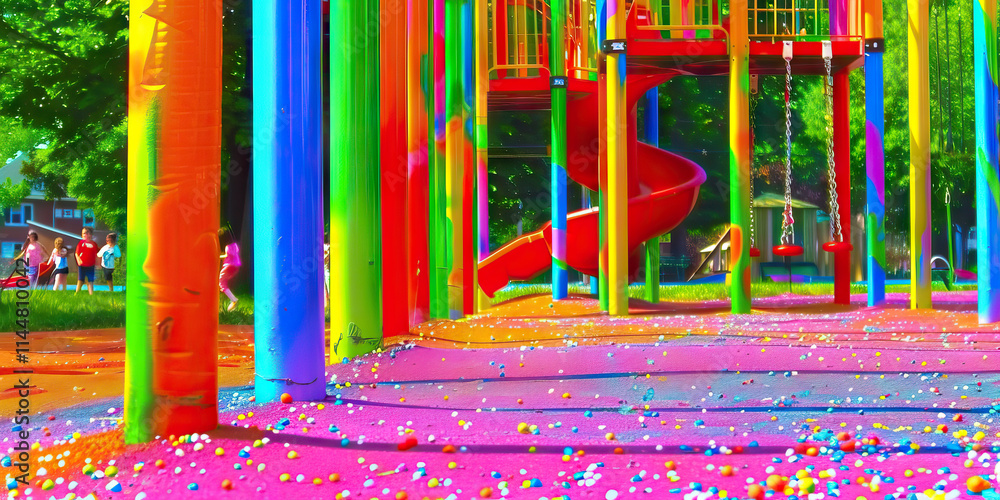 Poster multicolored playground structure with scattered pellets