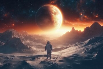 Obraz premium Astronaut walks on the surface of an alien planet with a large, orange planet dominating the sky, creating a breathtaking and otherworldly scene