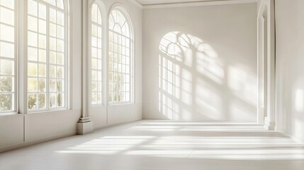 Fototapeta premium Minimalistic white room with ample void space and a window, creating a serene atmosphere. Ideal for capturing the essence of minimalism with clear copy space.