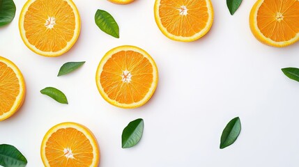 Fresh orange with slices arranged on a white background, capturing the vibrant color and juicy texture of orange fruit, perfect for culinary or beverage themes with ample copy space.