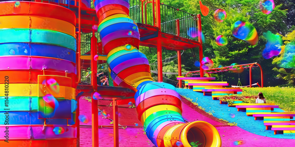 Poster rainbow playground with slides and soap bubbles