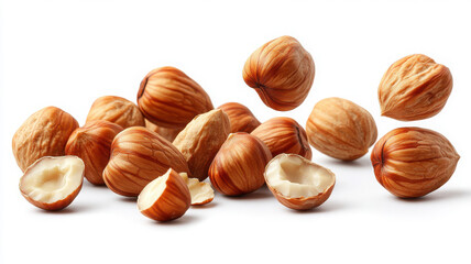 Fototapeta premium Falling hazelnuts scattered on white background, showcasing their rich brown shells and creamy interiors. These nuts are perfect for culinary uses and healthy snacking