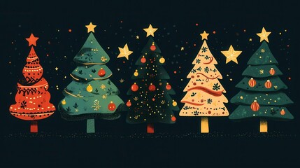 Illustration of various decorated Christmas trees with stars and ornaments, ideal for holiday design or festive themed projects.